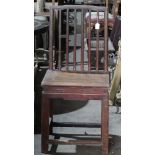 Chinese hardwood chair, with spindle back and solid seat on moulded legs and stretchers
