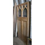 Set of three Victorian pine and gothic arched stained glass doors, 193 x 89cm