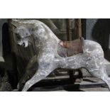 Victorian carved and painted pine rocking horse with remnants of original saddle ( sub frame lacking