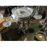 George IV silver plated table centre with cut glass bowls on paw feet and set four Rency plated cand