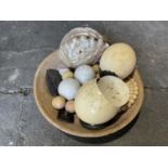 Collection of nine ivory billiard balls, each approximately 4.5cm diameter, together with two ostric