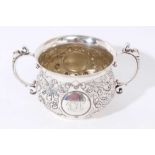 Victorian silver two-handled porringer with embossed decoration