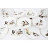 Unusual dinner service decorated with scenes from Aesop's fables, including twelve plates and five c