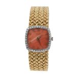 Ladies Piaget 18ct gold and diamond wristwatch with coral dial, gold Roman numerals, diamond-set bez