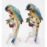 Pair of Karl Ens porcelain models of parrots picking cherries, model number 7622, 32cm high