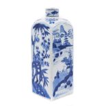 Rare Chinese blue and white square gin/spirit bottle and cover, Kangxi (1662-1722), two sides decora