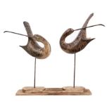 *Stephen Henderson (b.1956) carved and painted wooden sculpture - Preening Godwits, signed and title
