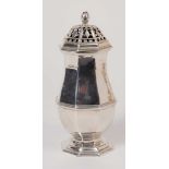 Unusual early George V silver caster of octagonal baluster form with pierced domed cover