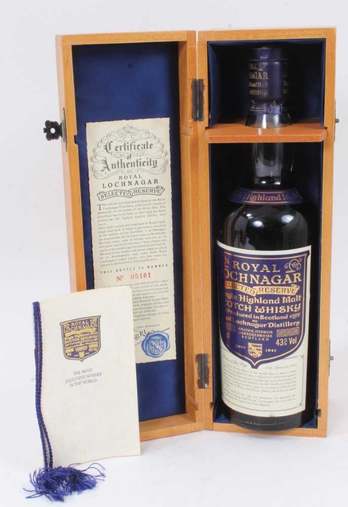 Bottle of Royal Lochnagar Selected Reserve single highland malt Scotch whisky in fitted wooden prese