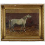 English School, late 19th/early 20th century, oil on canvas - grey horse in a stable, indistinctly s