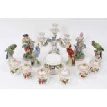 Group of continental porcelain, including a pair of Dresden figures, four Dresden parrots, a set of