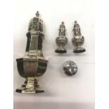 Silver caster, pair smaller silver casters and silver topped glass trinket pot