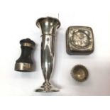 Silver spill vase, silver salt, silver mounted wooden pepper grinder and silver cased pocket watch i