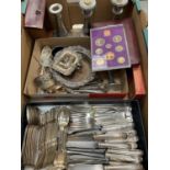 Group of silver plate and sundry items to include Victorian silver plated fiddle pattern flatware, k