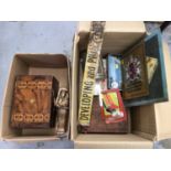 Two boxes of sundries, including a 19th century work box, old tins ad signs, etc
