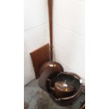 Antique copper coal scuttle, kettle and bed warmer