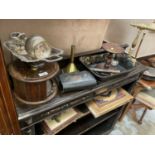 Sundry items, including a brass goffering iron, turned treen stand, Victorian papier mache items, la