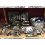 Selection of plated ware including cake stands, stewing pan and other wares, plus inlaid Mother of P