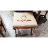 Victorian mahogany X frame stool with regimental embroiled needlework seat for the Royal Engineers,