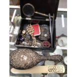 Silver backed brush, costume jewellery and sundries