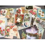 Collection of vintage birthday and Christmas cards, plus various postcards