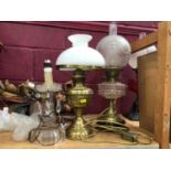 Victorian brass oil lamp, converted electric light oil lamp and converted electric glass candle ligh