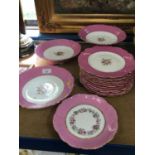Edwardian English porcelain dessert service with floral deacoration and pink bands