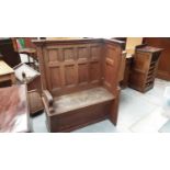 Victorian oak pew/settle with panelled back, 99cm wide, 51cm deep, 125cm high