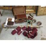 Collection of plated cutlery, walking stick, umbrella, money box and other various items