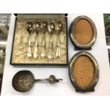 Five Danish silver teaspoons in case, pair of oval silver frames and Dutch silver spoon