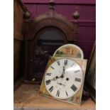 19th century long case clock movement with painted enamel dial and hood.