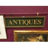'Antiques' rectangular shop sign with raised letters, 71 x 20cm
