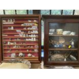 Two wall hanging curiosity cabinets, silver plate, hand puppet and other items