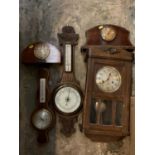 1930s oak cased wall clock, two vintage mantel clocks and two barometers