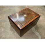 Victorian inlaid walnut sewing box with contents