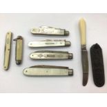 Four silver and mother of pearl fruit knives and three others (7)