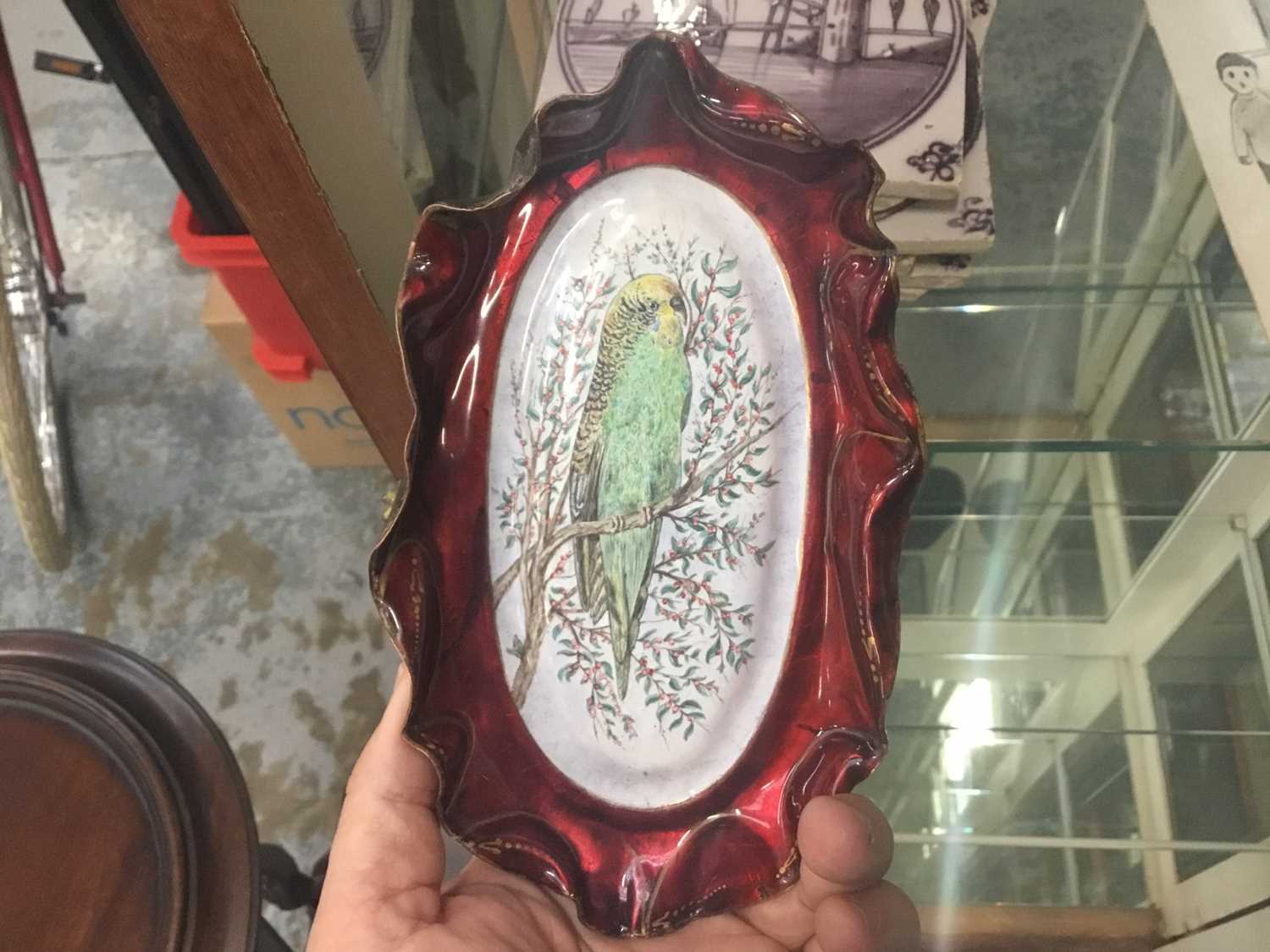 Late 19th century enamelled on copper dish decorated with a budgerigar on ormolu feet, pair marble a - Image 3 of 5