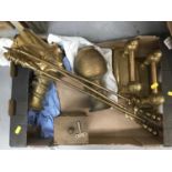 Large collection of mixed brass ware to include horse brasses, fire irons and other items