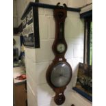 19th century banjo-shaped barometer thermometer in inlaid mahogany case