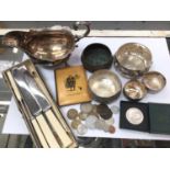 Eastern white metal bowls, silver plated gravy boat, table knives, coins and sundries