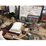 Sundry items, including antique clay pipes, pictures, bird ornaments, child's christening dresses