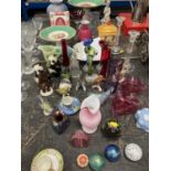 Selection of art glass vases, paperweights and china