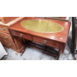 Reproduction mahogany sofa table with green inset leather top.