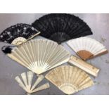 Collection of various fans including painted silk gauze, lace, brise, bone and J Duvelleroy London b