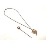Edwardian 15ct gold seed pearl and turquoise pendant on chain and stick pin