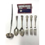 Three silver King's pattern forks, together with a silver King's pattern table spoon, a silver toddy