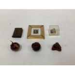 Sundry items, including two boxwood netsuke, a framed penny black stamp, a Limoges enamel cherry box