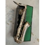 Early 20th century silvered Hawkes and Son tenor saxophone, model 1234-A, in fitted case