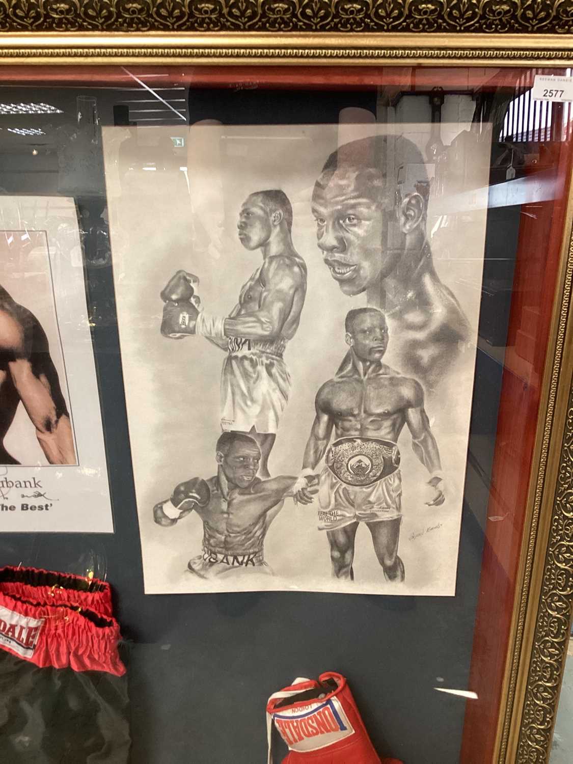 Chris Eubank signed boxing gloves, trophy etc in glazed frame - Image 3 of 8