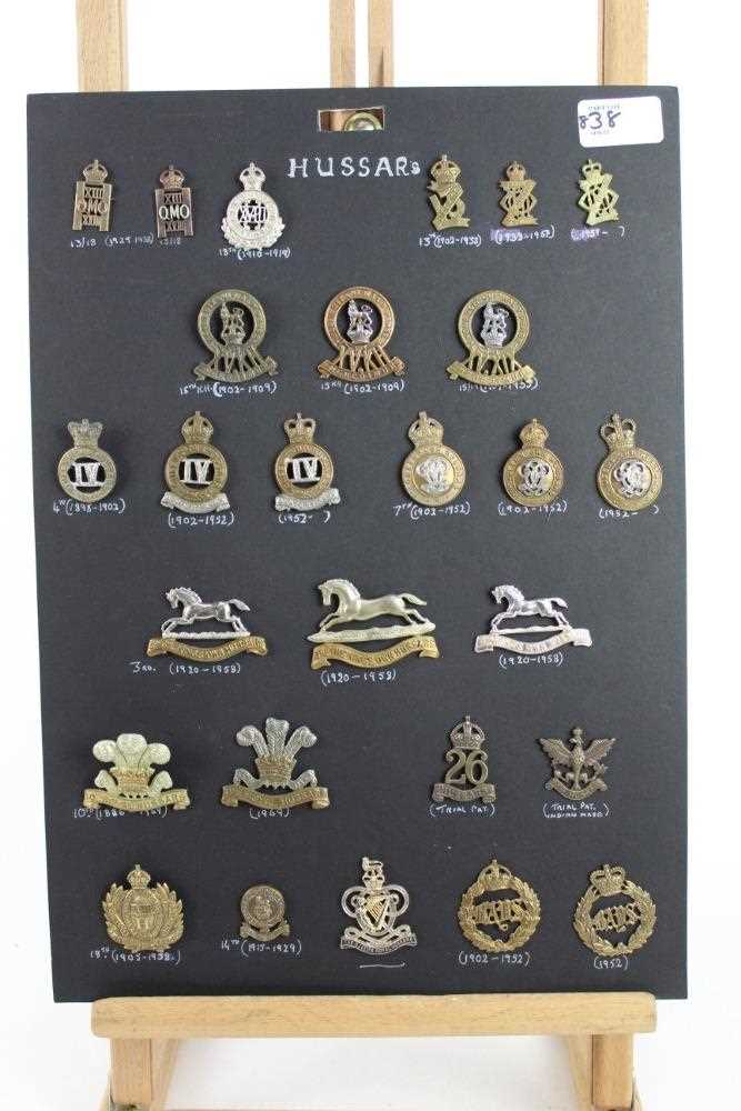 Five boards mounted with British military cap badges, Lancers, Hussars and Dragoons some reproductio - Image 4 of 14